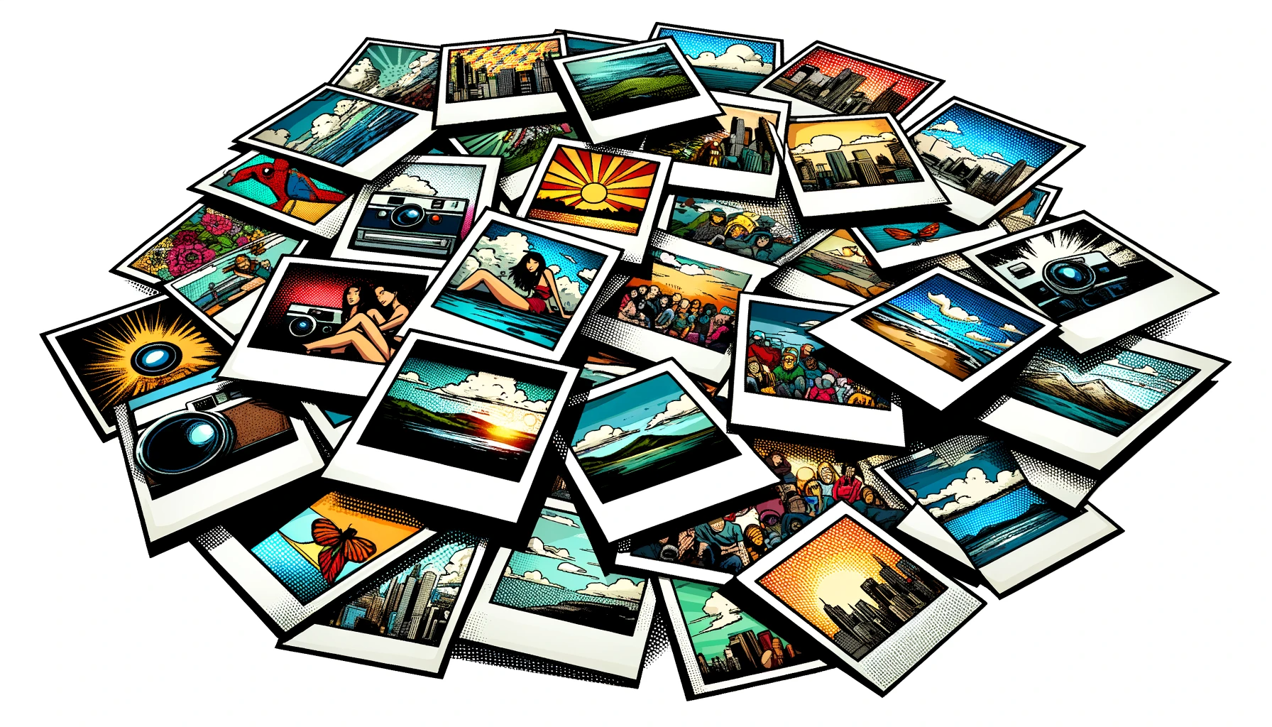 DALL·E 2023-12-14 15.37.03 - A comic book style depiction of a selection of Polaroid-style photographs laid out on a flat surface, with the requirement that all edges of the image